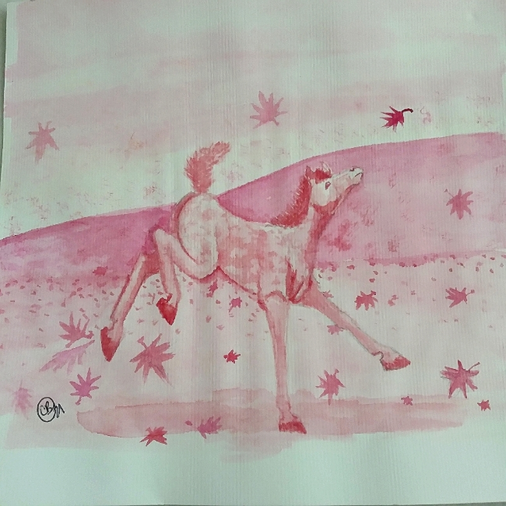 - A - Purple Red Horse Pony Equine Watercolor Painting Illustration